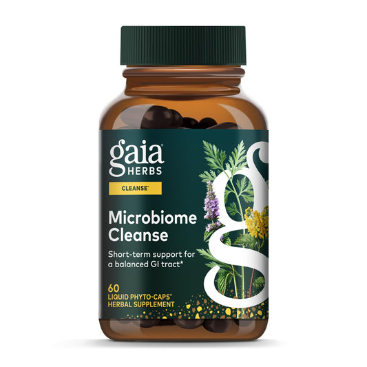 Gaia Herbs Microbiome Cleanse bottle with 60 vegan capsules for daily digestion support