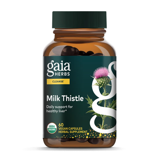 Gaia Herbs Milk Thistle bottle front for daily liver support and digestive wellness