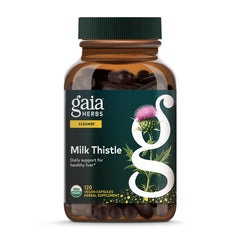Gaia Herbs Milk Thistle bottle front, highlighting liver support and digestive balance.