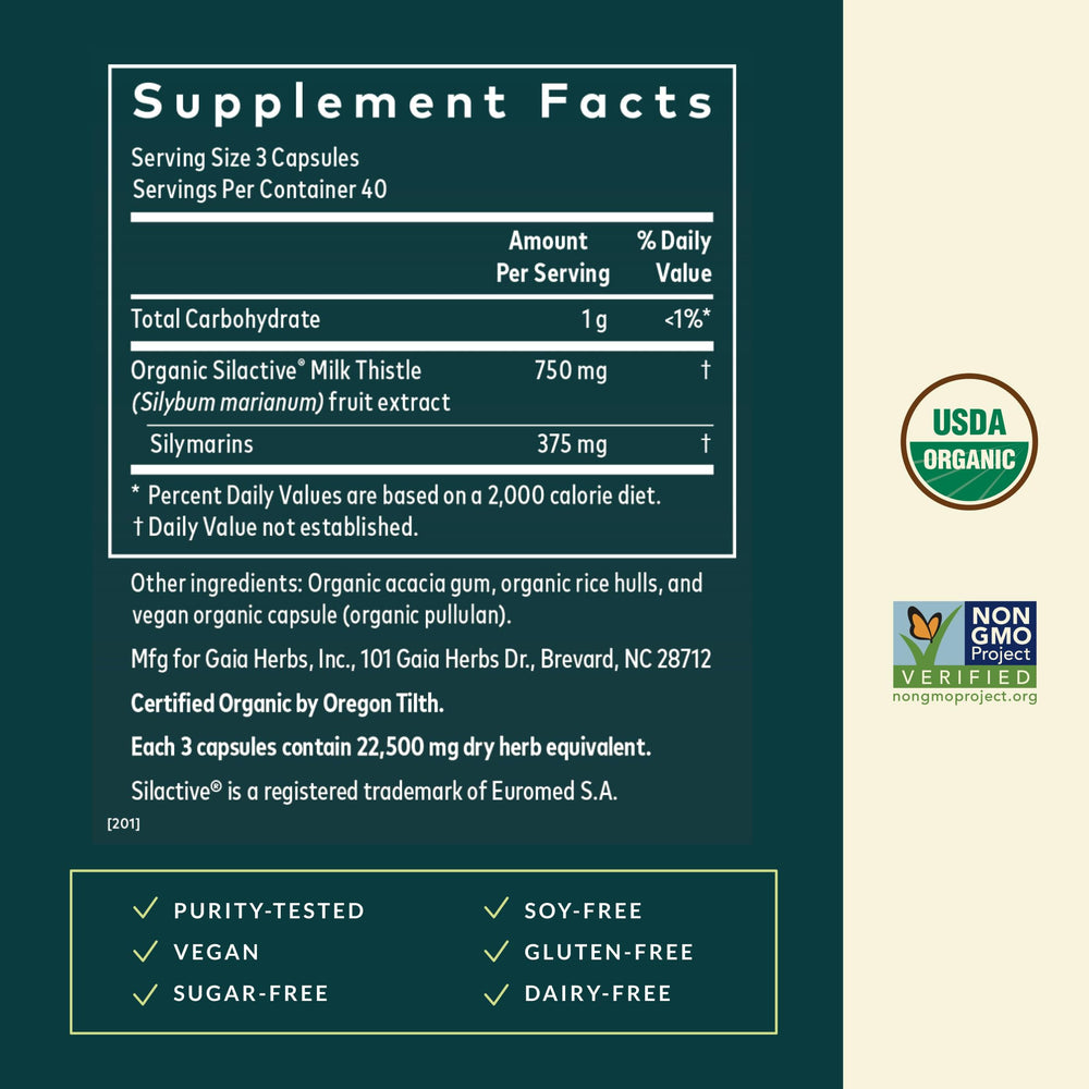 Close-up of Gaia Herbs Milk Thistle capsules in vegan form.