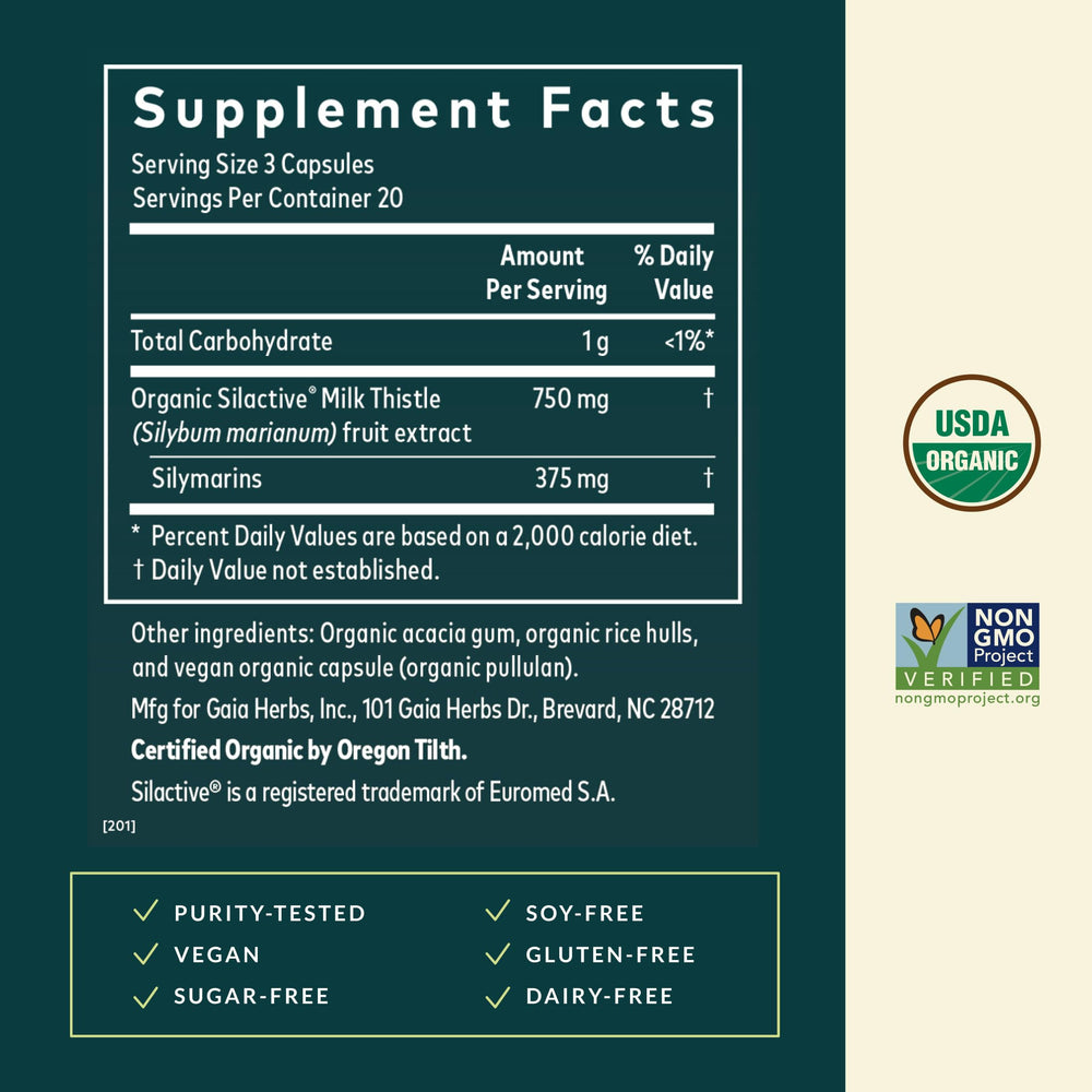 Gaia Herbs Milk Thistle capsules closeup highlighting vegan, full-spectrum extract for bioavailability