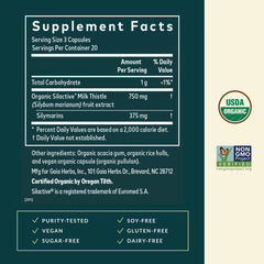 Gaia Herbs Milk Thistle capsules closeup highlighting vegan, full-spectrum extract for bioavailability