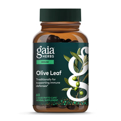 Gaia Herbs Olive Leaf bottle with label highlighting olive leaf extract for immune support