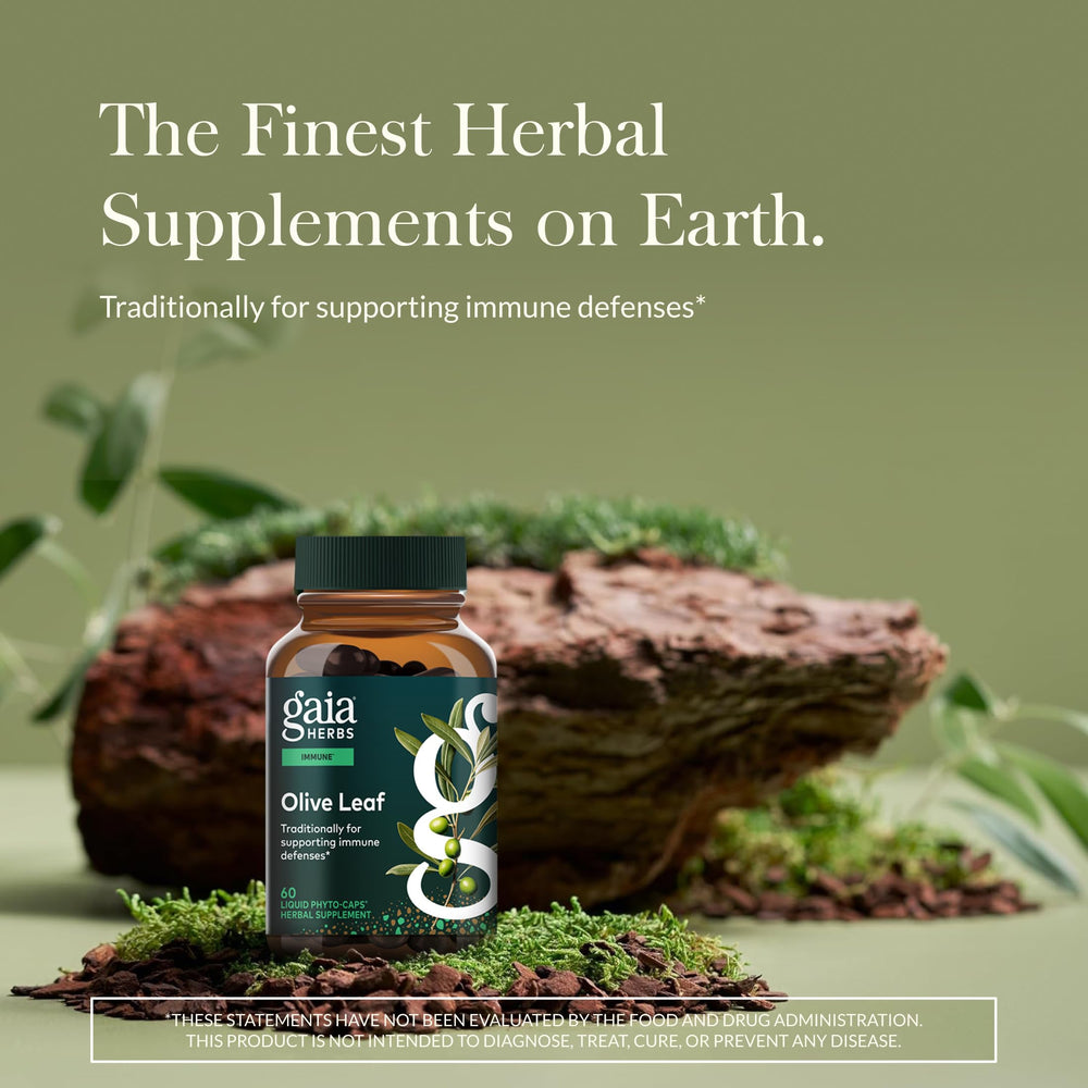 Gaia Herbs Olive Leaf label closeup showing oleuropein content for informed use