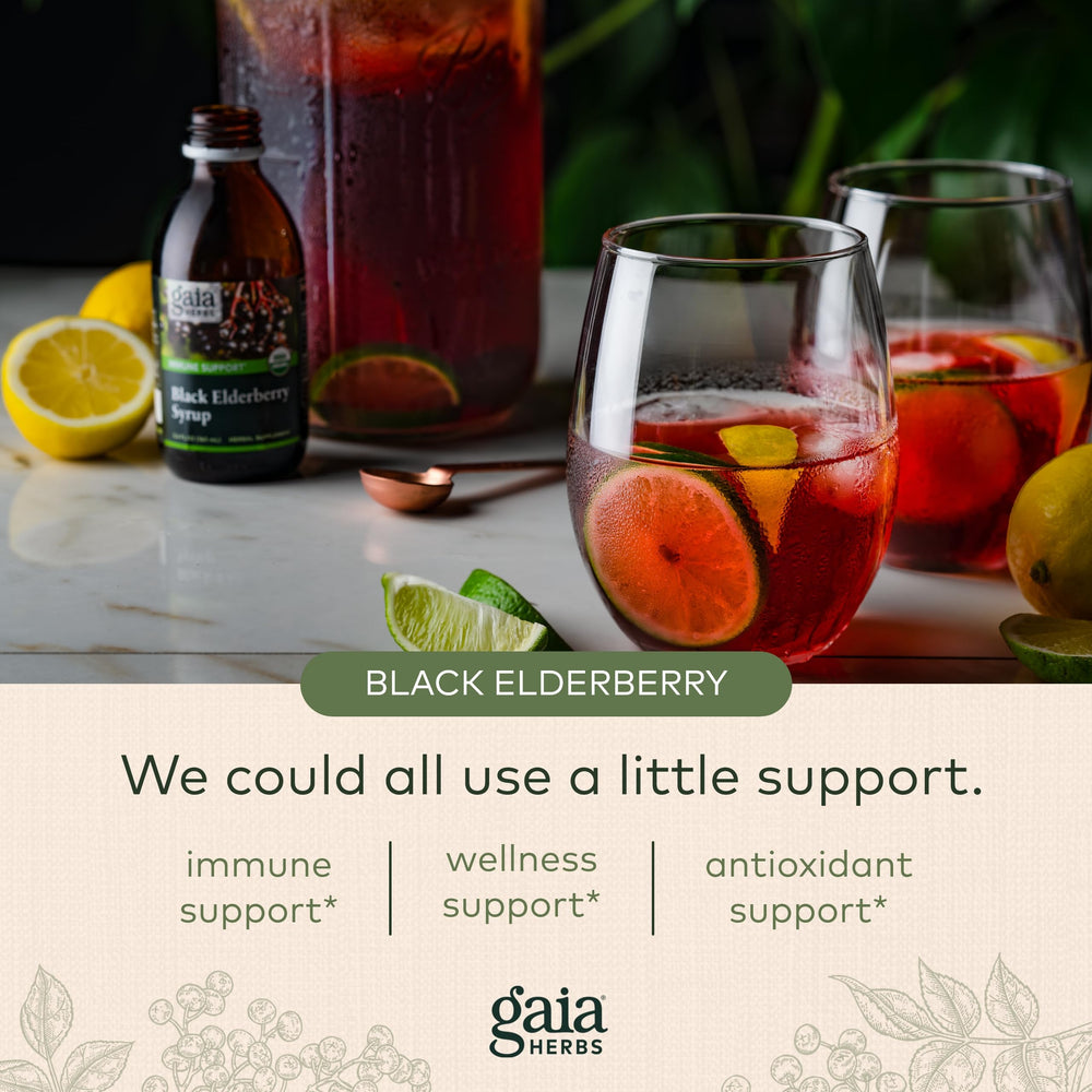 Organic vegan elderberry syrup bottle from Gaia Herbs