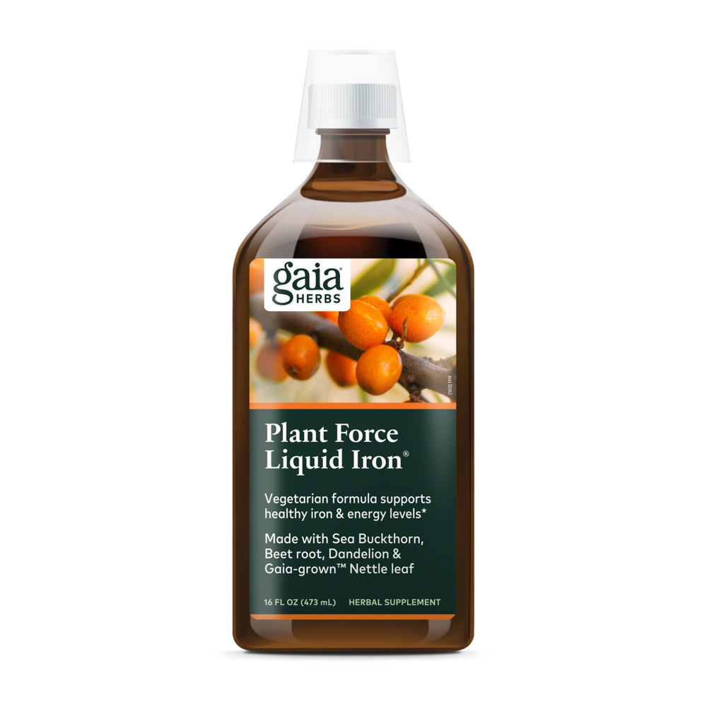 Gaia Herbs Plant Force Liquid Iron bottle on counter, highlighting vegetarian iron support