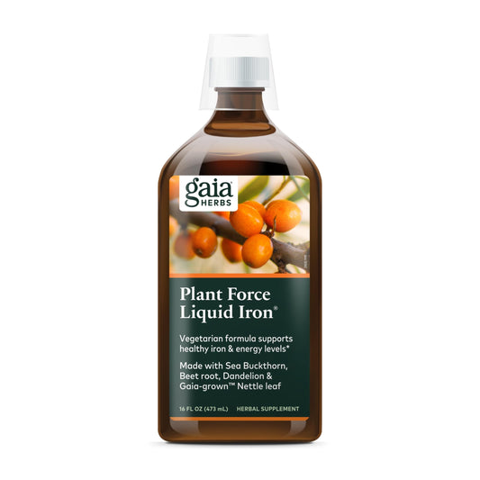 Gaia Herbs Plant Force Liquid Iron bottle on counter, highlighting vegetarian iron support