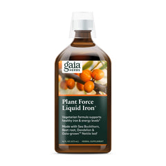 Gaia Herbs Plant Force Liquid Iron bottle on counter, highlighting vegetarian iron support