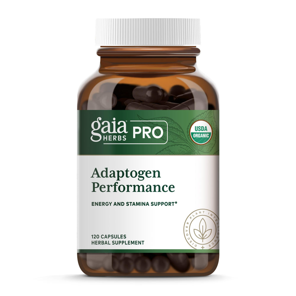 Gaia Herbs PRO Adaptogen Performance bottle front view for daily energy support.