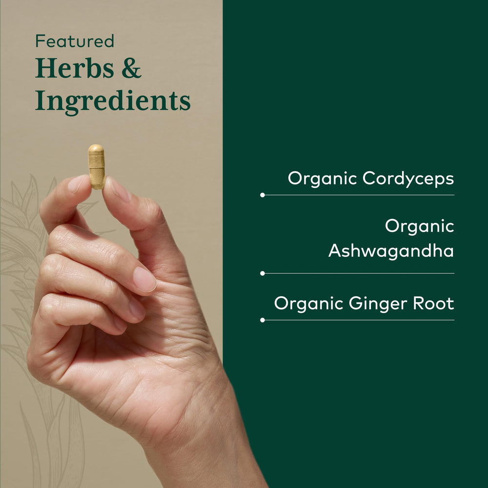Gaia Herbs PRO Adaptogen Performance bottle open with capsules ready to take on the go.