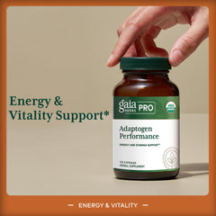 Gaia Herbs PRO Adaptogen Performance capsules shown for sustained energy and endurance.