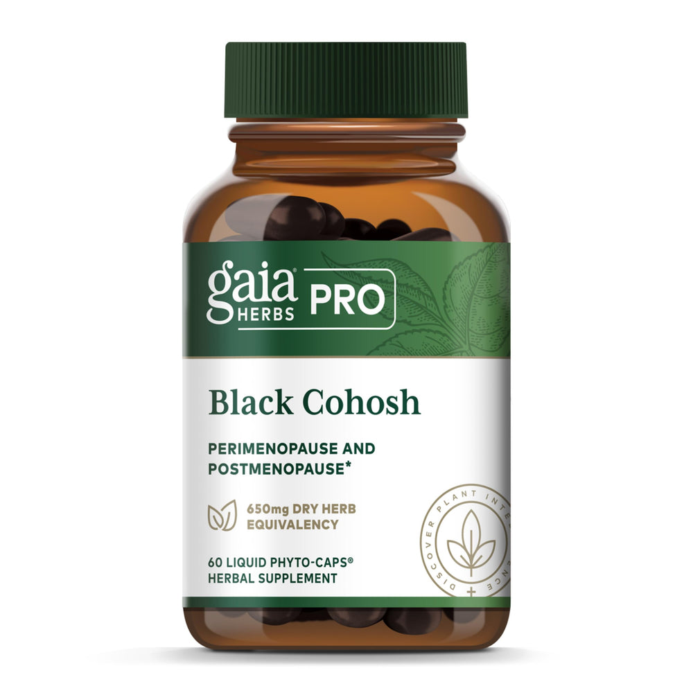 GAIA HERBS PRO Black Cohosh bottle emphasizes vegan menopause support and clean labeling
