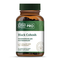 GAIA HERBS PRO Black Cohosh bottle emphasizes vegan menopause support and clean labeling