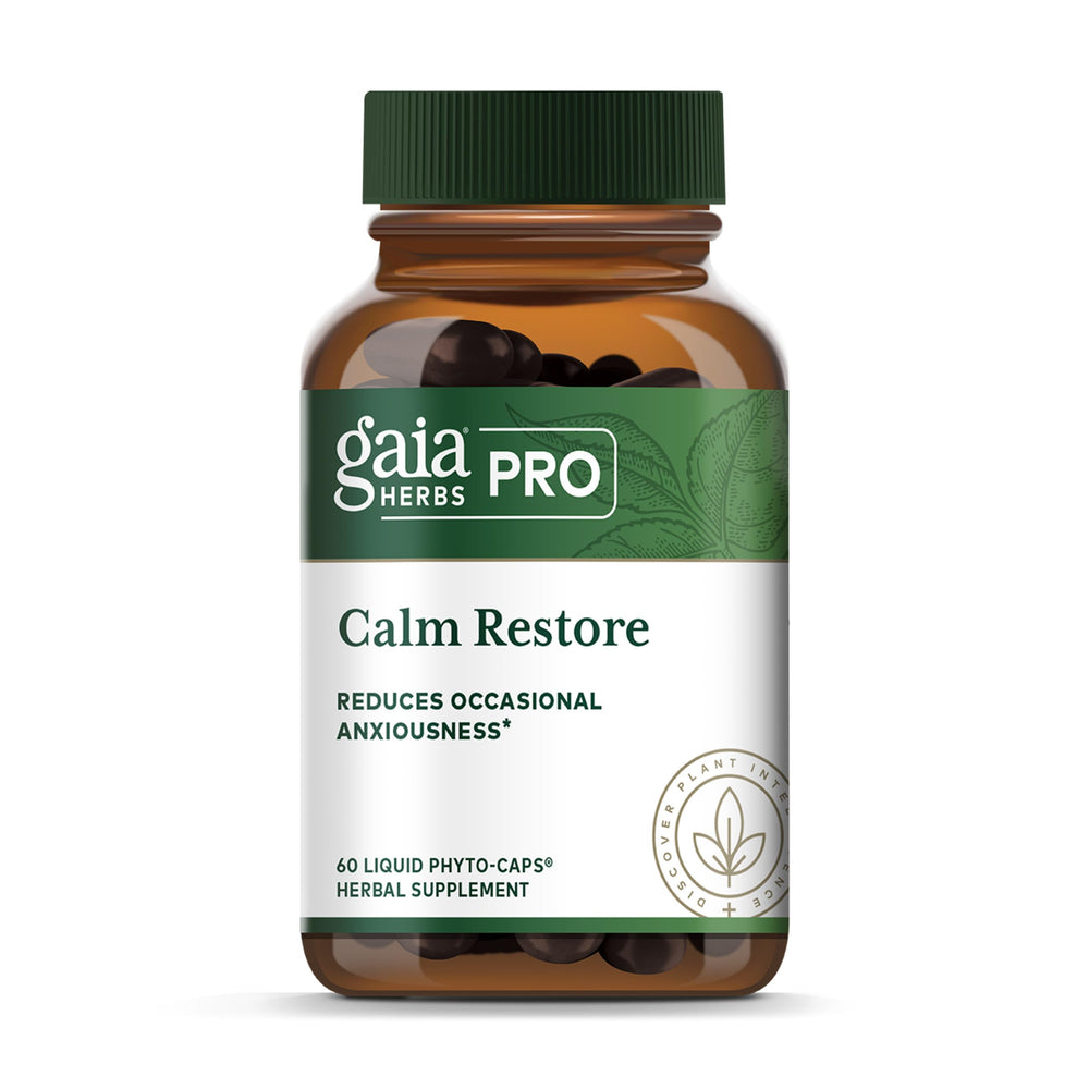 GAIA Herbs Pro Calm Restore bottle closeup for daily calm support.