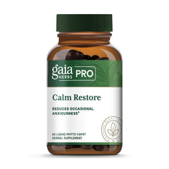 GAIA Herbs Pro Calm Restore bottle closeup for daily calm support.