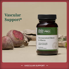 Gaia Herbs PRO capsules close-up showing beet and maca for daily vitality.