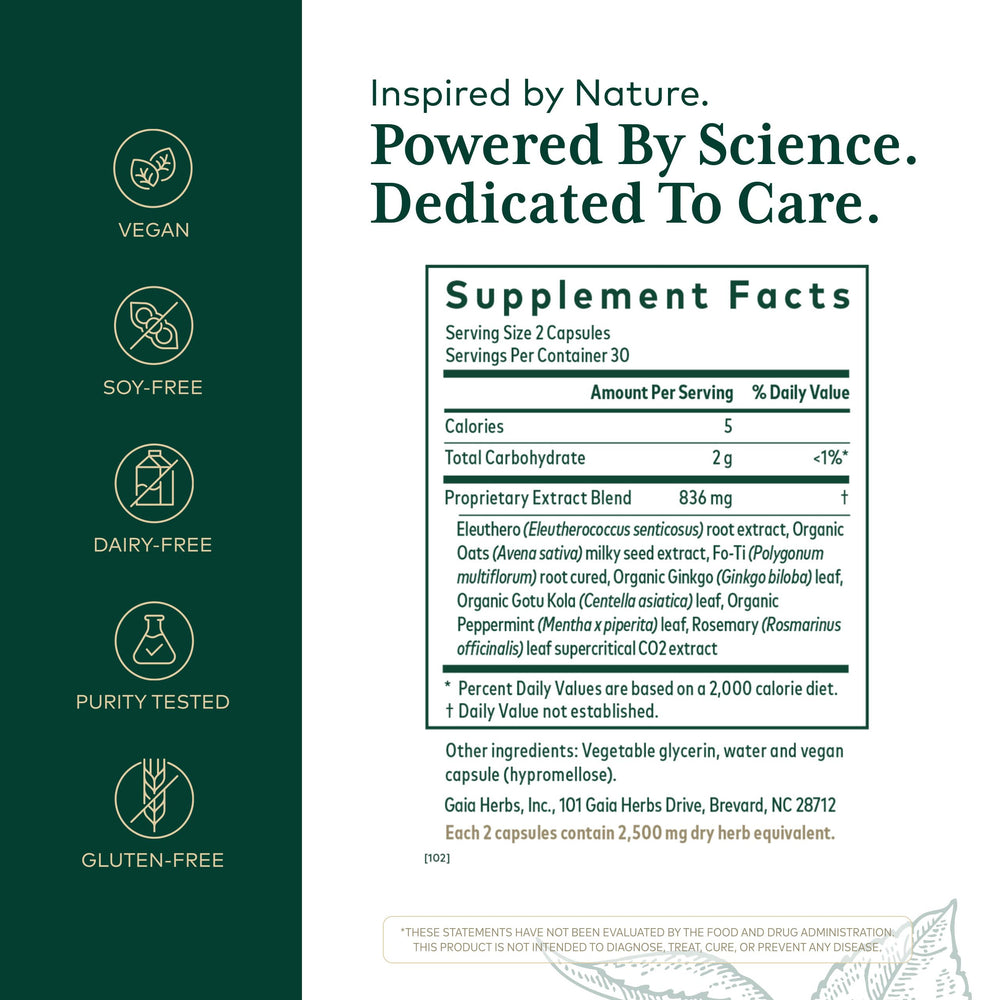 Close-up of GAIA Herbs PRO Cognitive Formula ingredients blend for focus