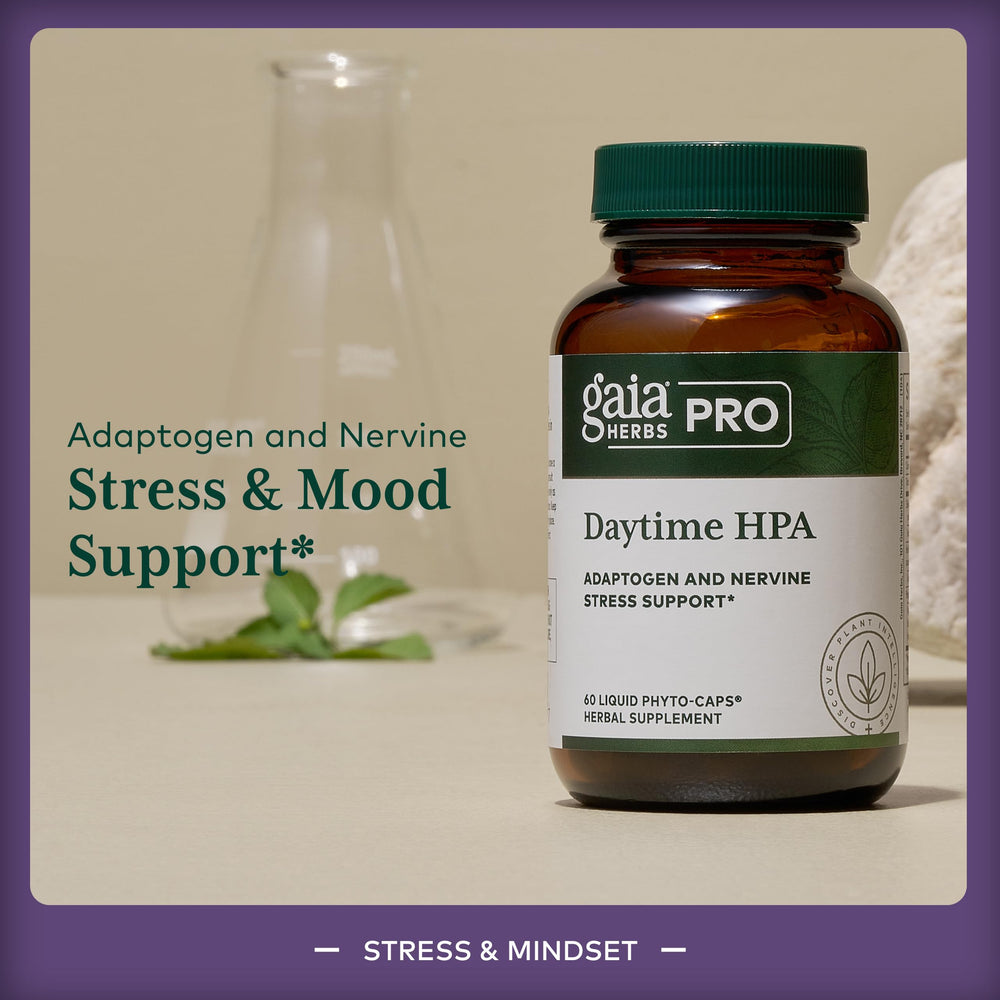 Gaia Herbs PRO Daytime HPA bottle highlights olive oil absorption.