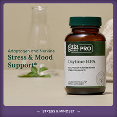 Gaia Herbs PRO Daytime HPA bottle highlights olive oil absorption.
