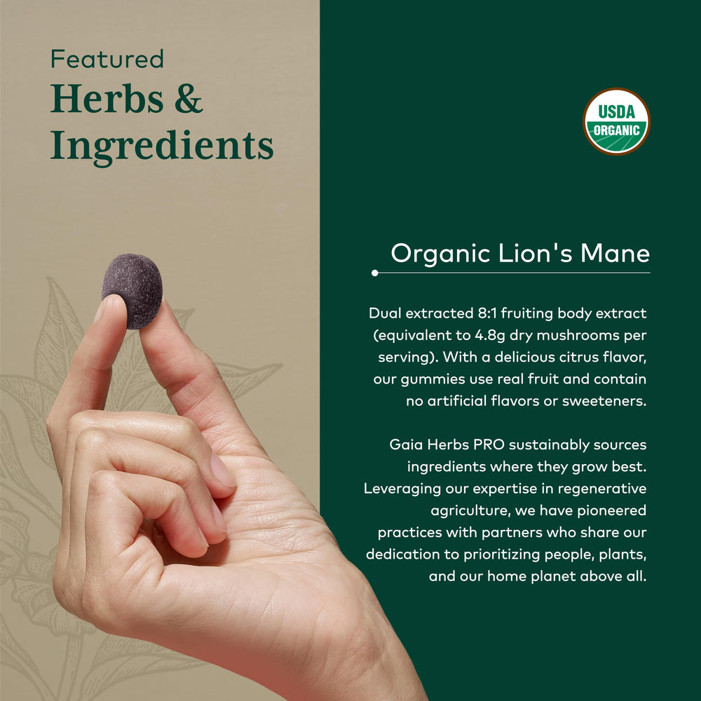 Gaia Herbs PRO Lion's Mane Gummies product label with organic and vegan certifications.