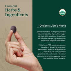 Gaia Herbs PRO Lion's Mane Gummies product label with organic and vegan certifications.