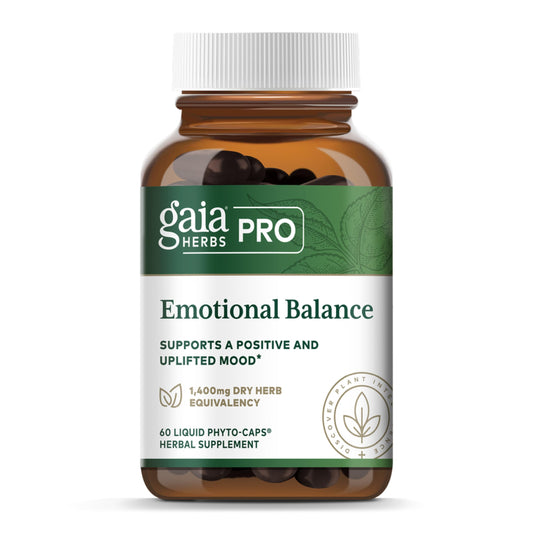 Gaia Herbs PRO Emotional Balance bottle pour showing a calming herbal blend for daily stress support.