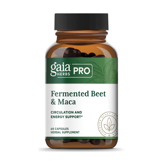 Gaia Herbs PRO fermented beet maca bottle with capsules for natural energy support.