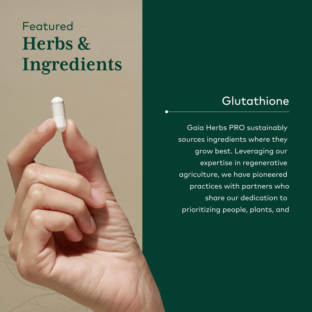 Gaia Herbs PRO Glutathione 500 ingredients closeup shows high-quality antioxidants