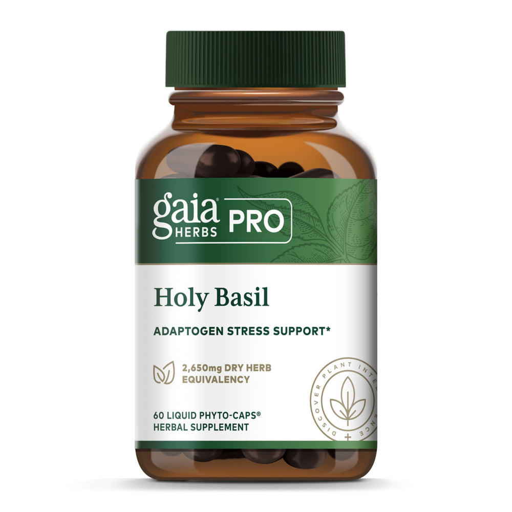 Gaia Herbs PRO Holy Basil bottle for daily stress support