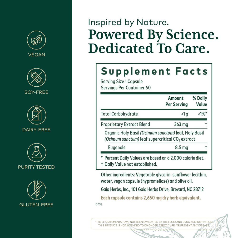 Gaia Herbs PRO Holy Basil label close-up highlighting potency