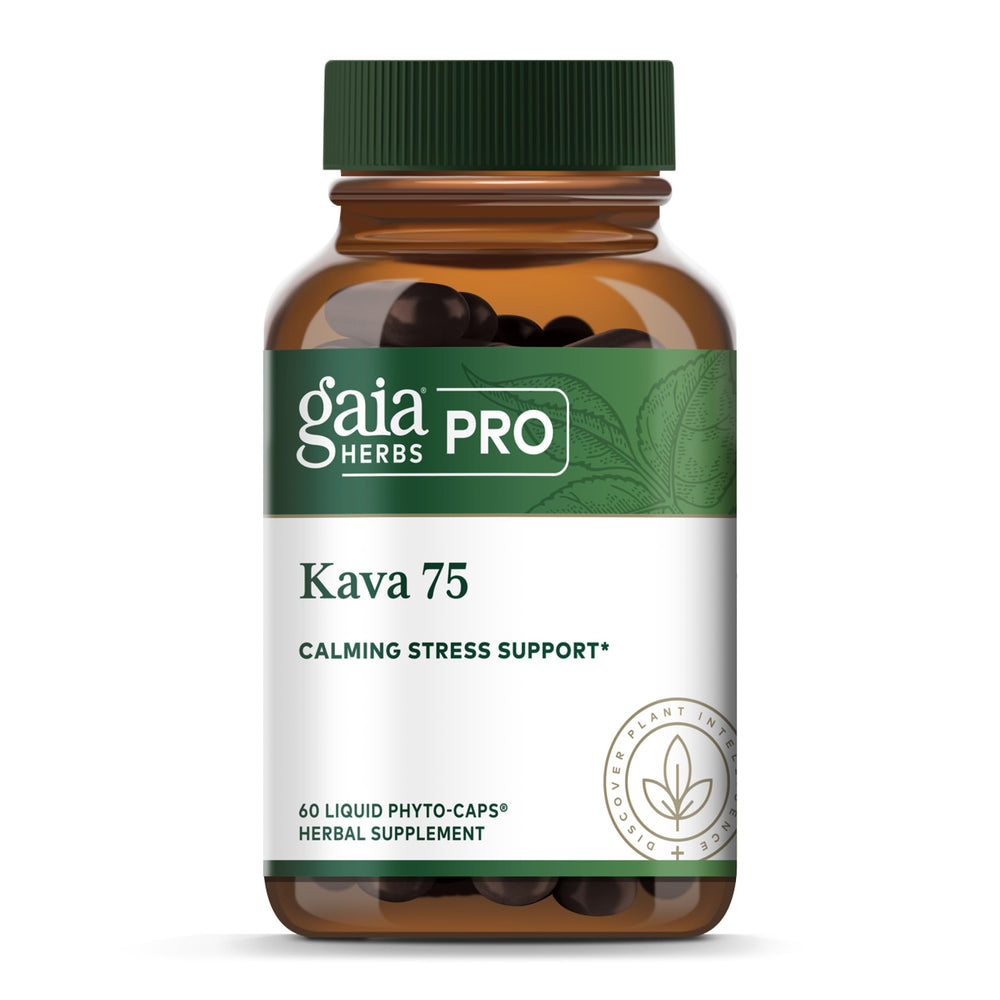 Gaia Herbs PRO Kava 75 bottle label showing 75 mg active kavalactones for calm support