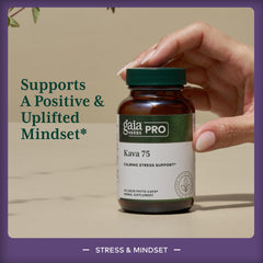Gaia Herbs PRO Kava 75 packaging box illustrating ecologically harvested kava from Vanuatu