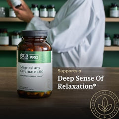 Gaia Herbs PRO label highlights premium magnesium glycinate and serving information.