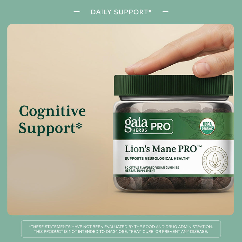 Close-up of Gaia Herbs PRO gummies texture showing dual extracted mushrooms benefits.