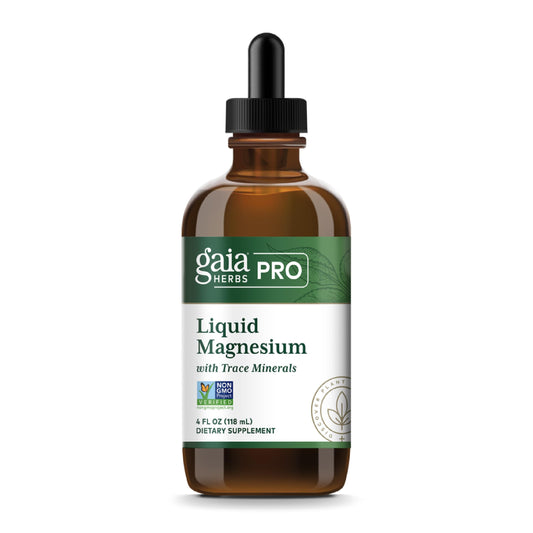 Gaia Herbs PRO Liquid Magnesium bottle pour for daily energy support.