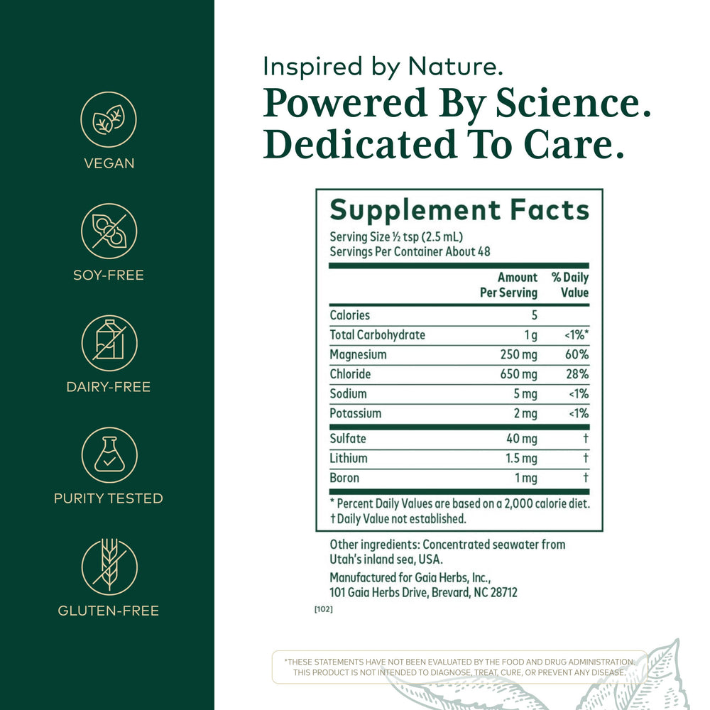 Gaia Herbs PRO Liquid Magnesium label ingredients highlight trace minerals for balanced support.