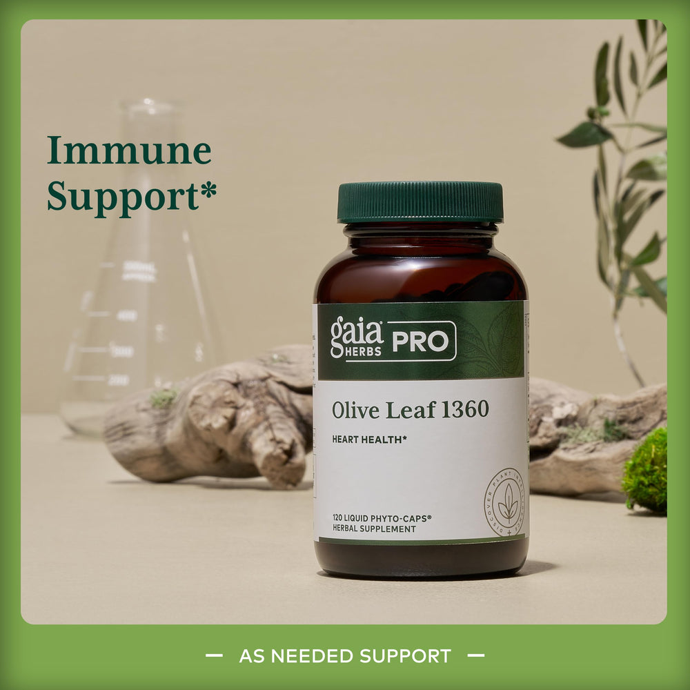 GAIA Herbs PRO Olive Leaf 1360 capsules in bottle for gluten-free daily use.