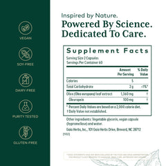 GAIA Herbs PRO Olive Leaf 1360 label closeup emphasizes concentrated single-herb formula.