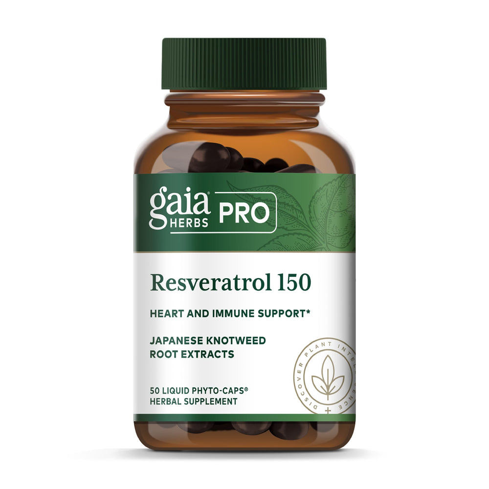 GAIA Herbs Pro Resveratrol bottle showing vegan, gluten-free formula for daily wellness