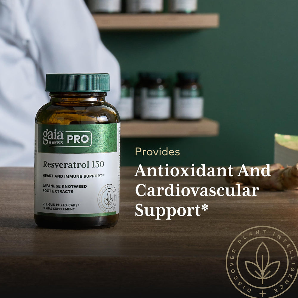 GAIA Herbs Pro Resveratrol front bottle on table for daily supplement routine