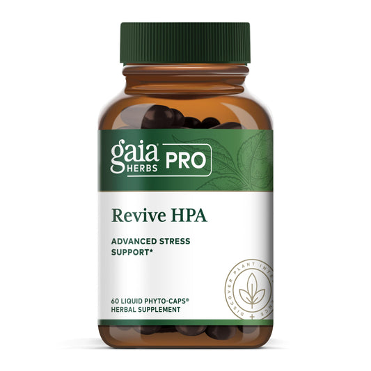 Gaia Herbs PRO Revive HPA bottle label highlights adrenal support and steady energy