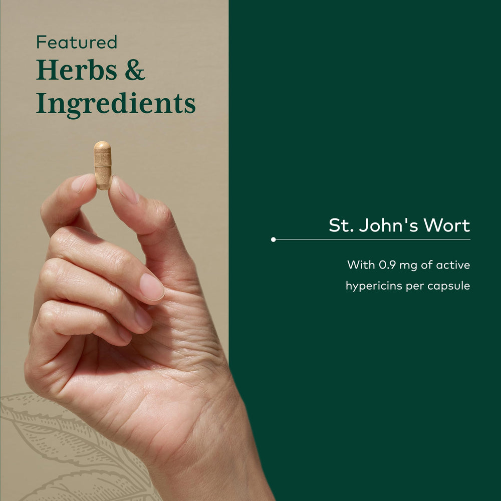 Gaia Herbs PRO St. John's Wort dosing scene showing two capsules