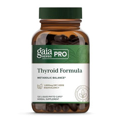 Gaia Herbs Pro Thyroid Formula bottle cap closeup, premium herbal quality for metabolism support.