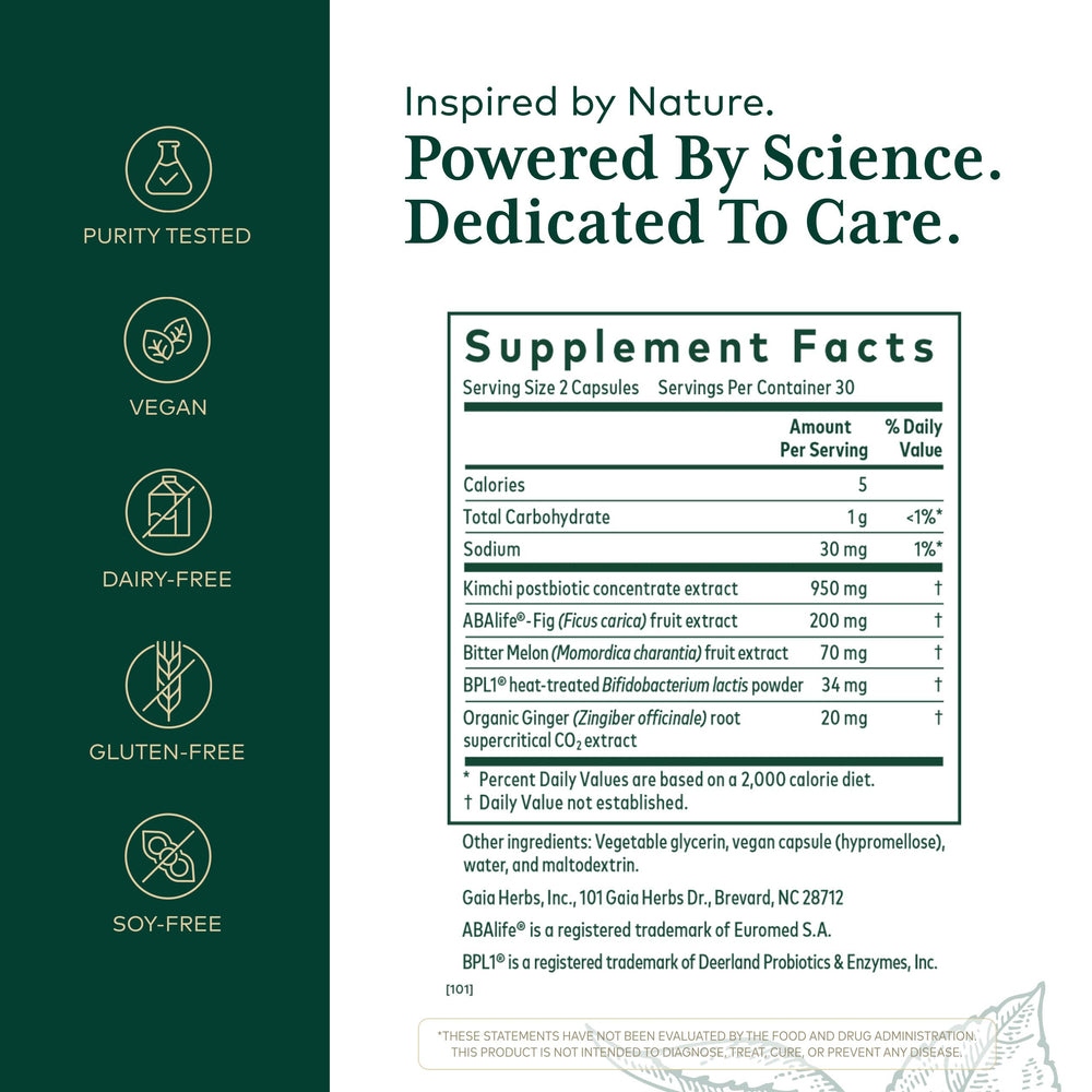 Gaia Herbs PRO Tri-Glycemic label closeup highlights postbiotic and botanical ingredients