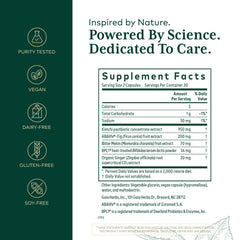 Gaia Herbs PRO Tri-Glycemic label closeup highlights postbiotic and botanical ingredients
