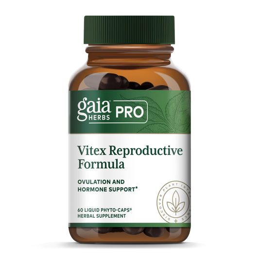 Gaia Herbs Pro Vitex Reproductive Formula bottle highlighting female health support and hormonal balance.
