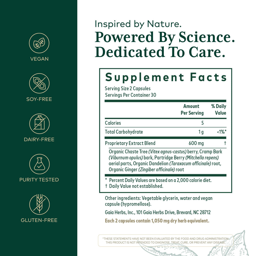 Gaia Herbs Pro Vitex Reproductive Formula capsules close-up for daily female wellness.