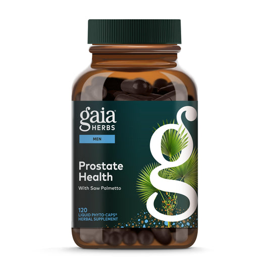 Gaia Herbs Prostate Health bottle pour highlights convenient vegan capsules for daily use