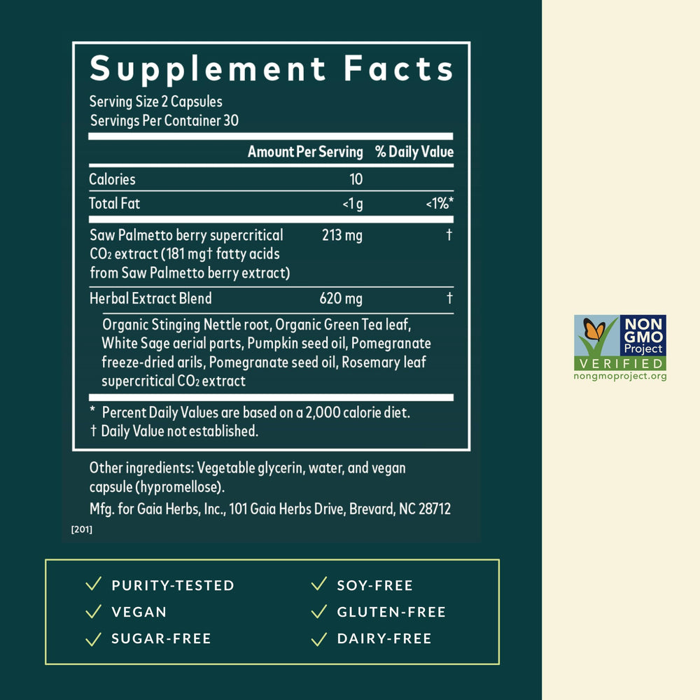 Gaia Herbs Prostate Health label close-up with ingredients list and sustainability note
