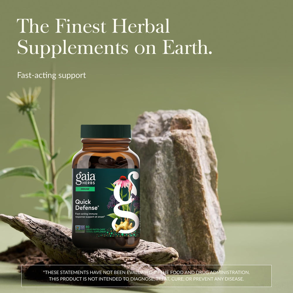 Gaia Herbs Quick Defense bottle back, ingredient highlights and sustainable sourcing.